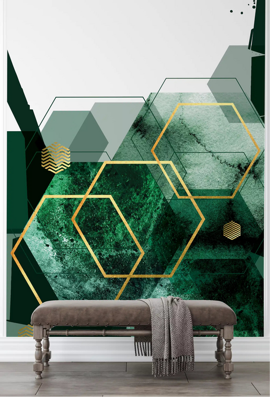 Verdant Hexagon Glamour Wall Mural with rich green textures for hallway backdrop.