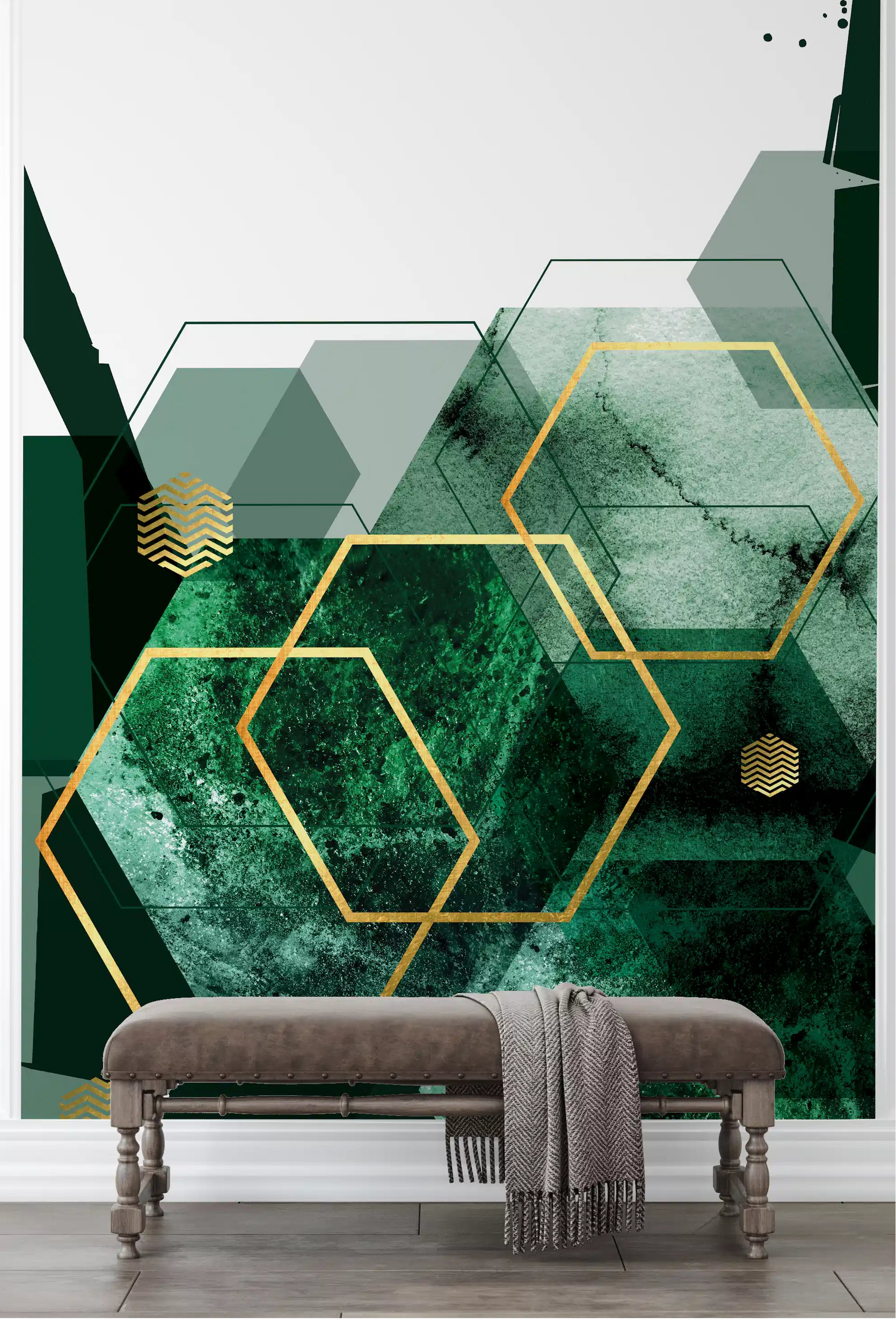 Verdant Hexagon Glamour Wall Mural with rich green textures for hallway backdrop., GD10282