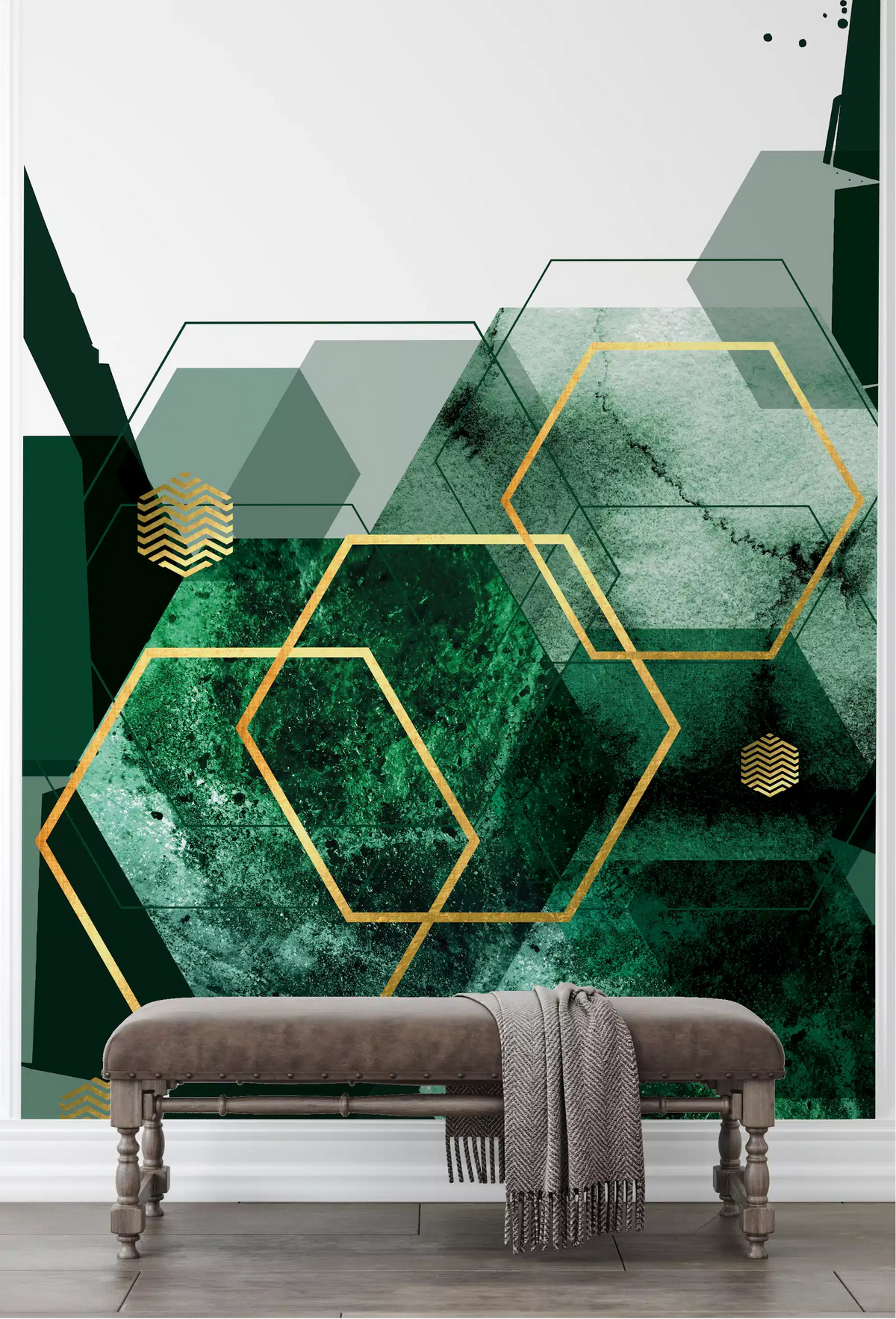 Verdant Hexagon Glamour Wall Mural with rich green textures for hallway backdrop., GD10282