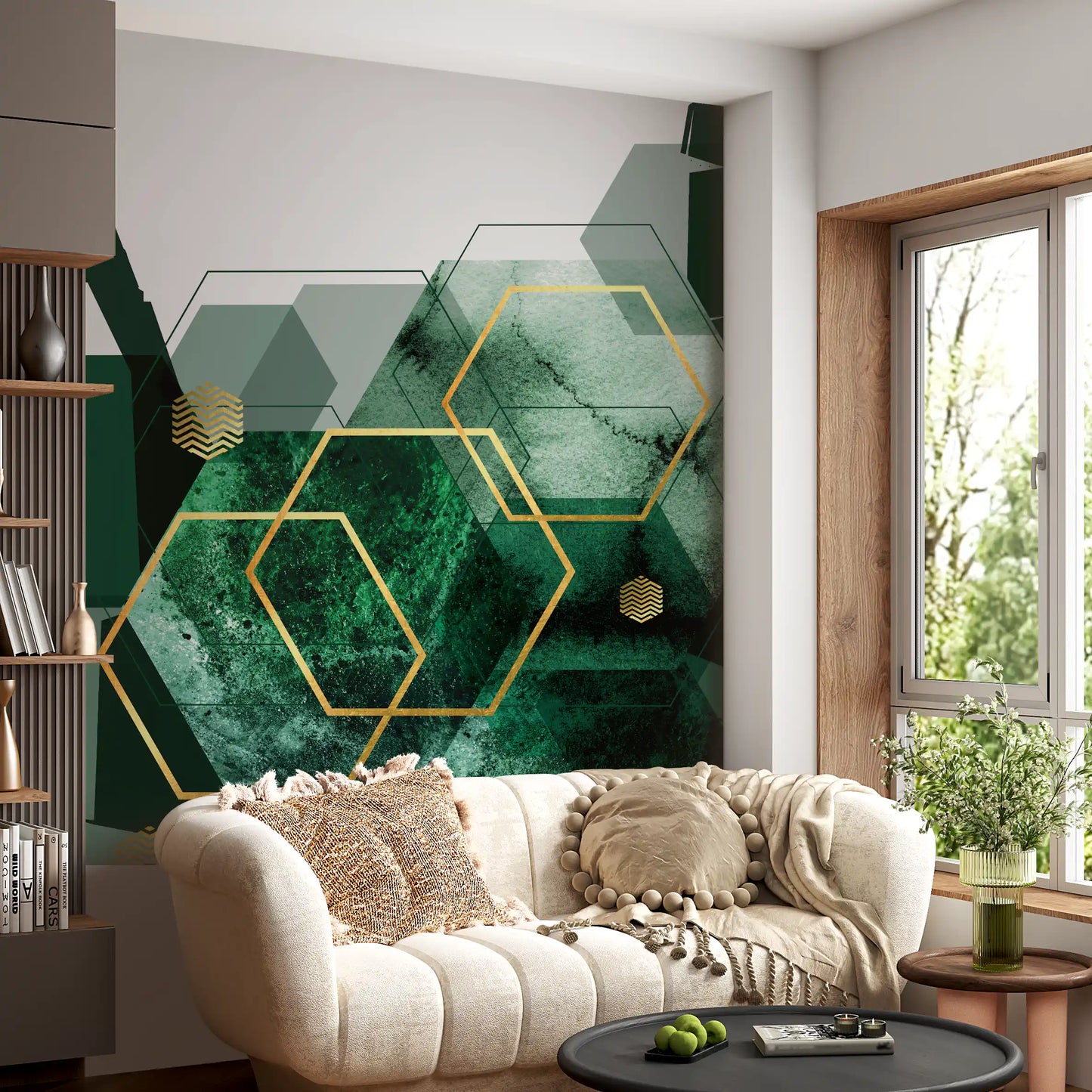 Seating area wall mural with dark green tones and golden hexagon line patterns., GD10282