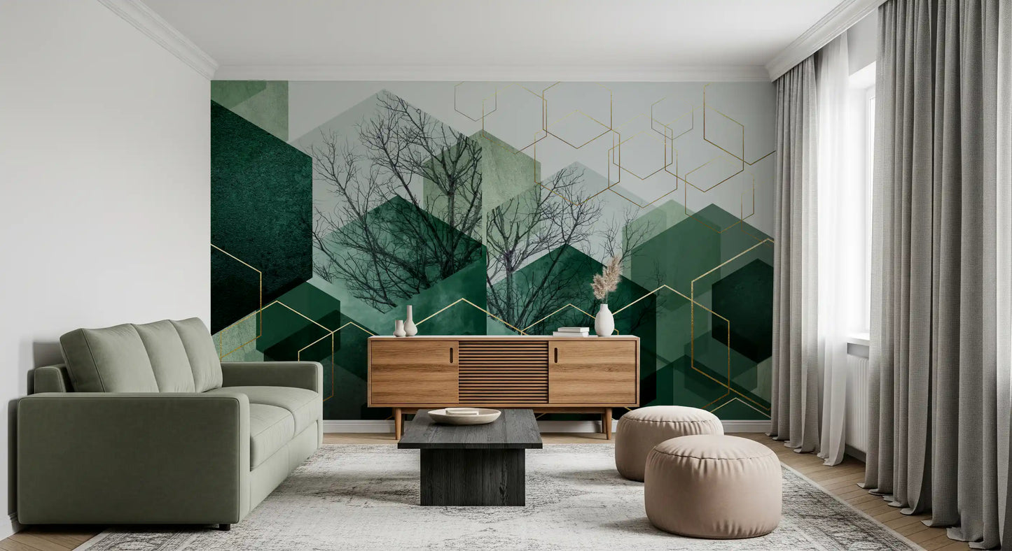Living room wall mural with hexagonal geometry and winter tree silhouettes., GD10283