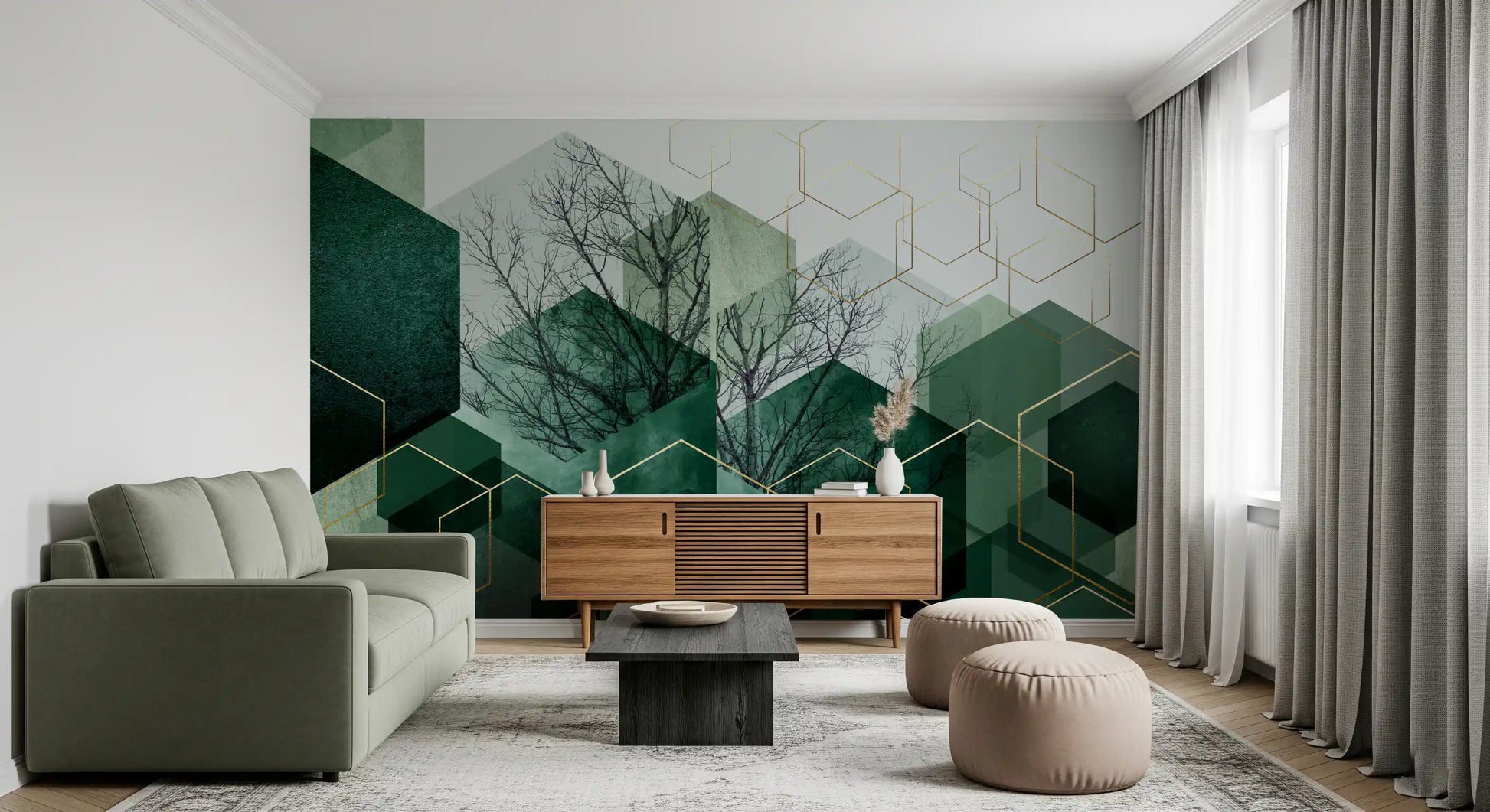 Living room wall mural with hexagonal geometry and winter tree silhouettes., GD10283