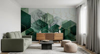 Living room wall mural with hexagonal geometry and winter tree silhouettes., GD10283