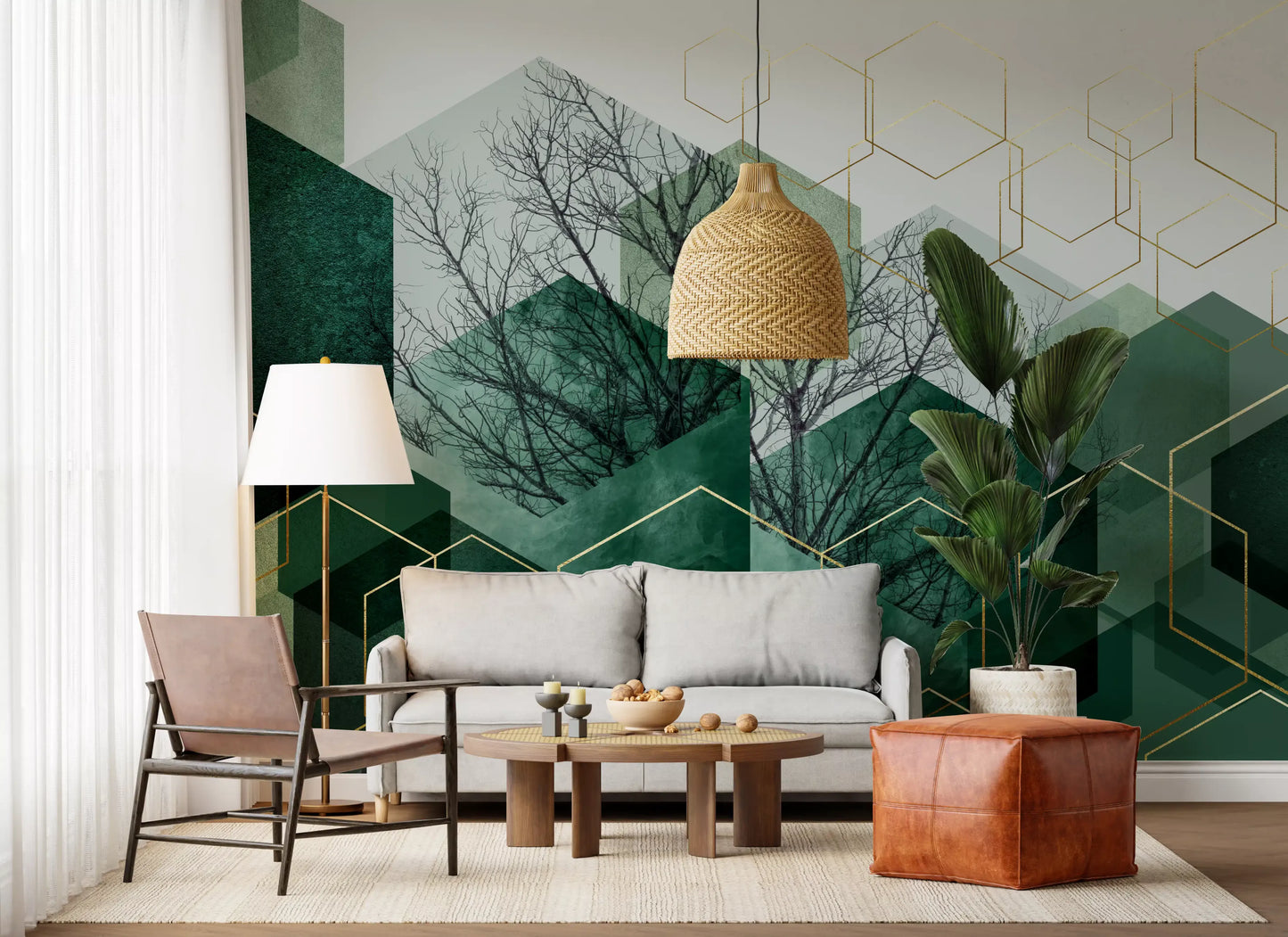 Verdant Hexascape Wall Mural with a clean light background and gold lines., GD10283