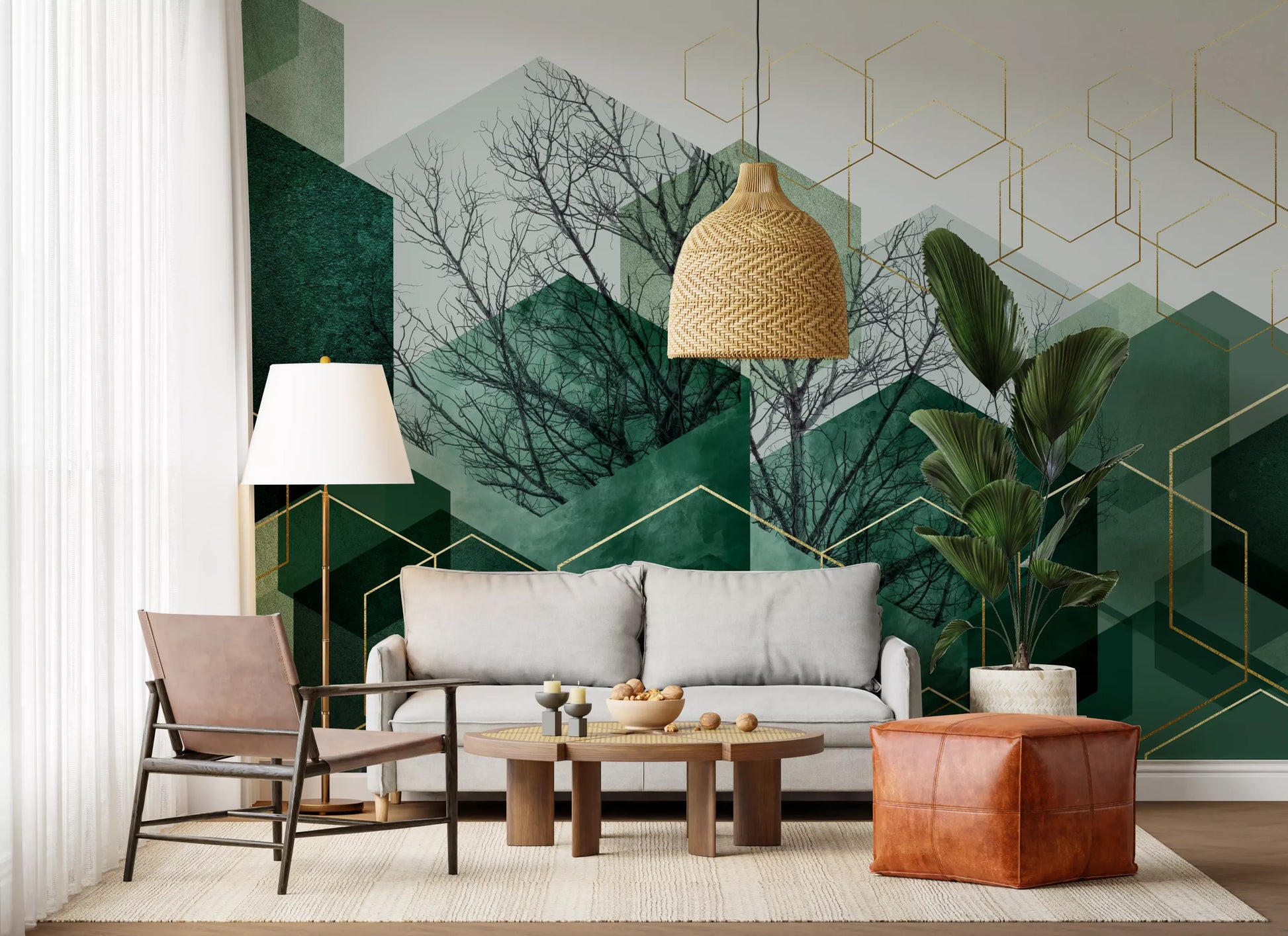 Verdant Hexascape Wall Mural with a clean light background and gold lines., GD10283