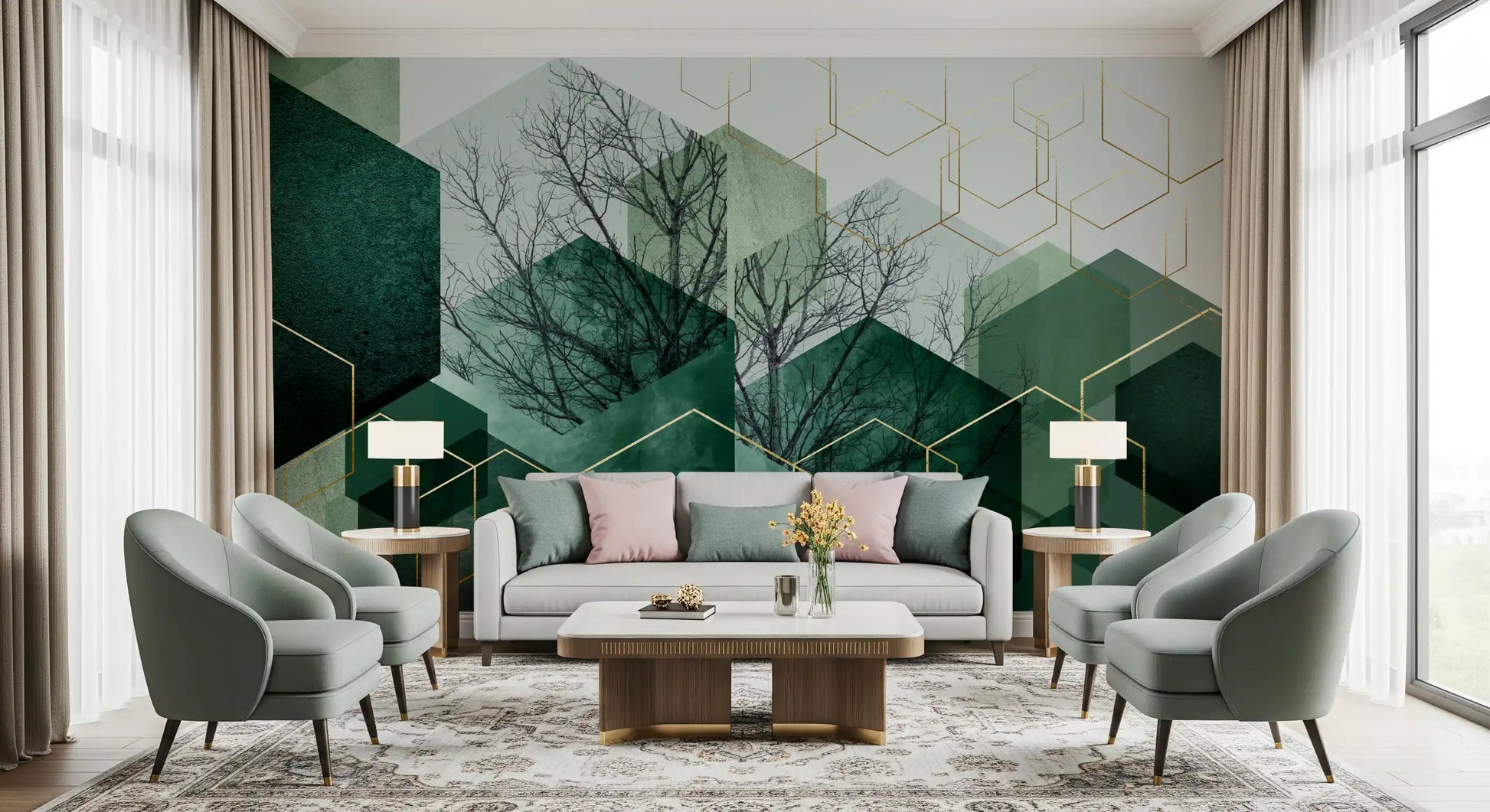 Contemporary wall mural featuring gold geometric frames on green blocks., GD10283