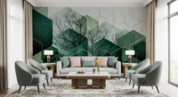 Contemporary wall mural featuring gold geometric frames on green blocks., GD10283