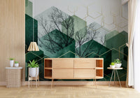 Geometric wall mural featuring gold outlines and overlapping green shapes., GD10283
