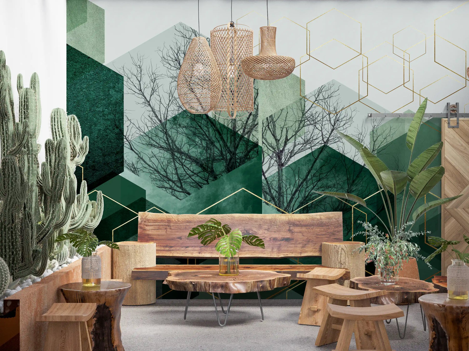 Verdant Hexascape Wall Mural showing abstract forest art in deep green., GD10283