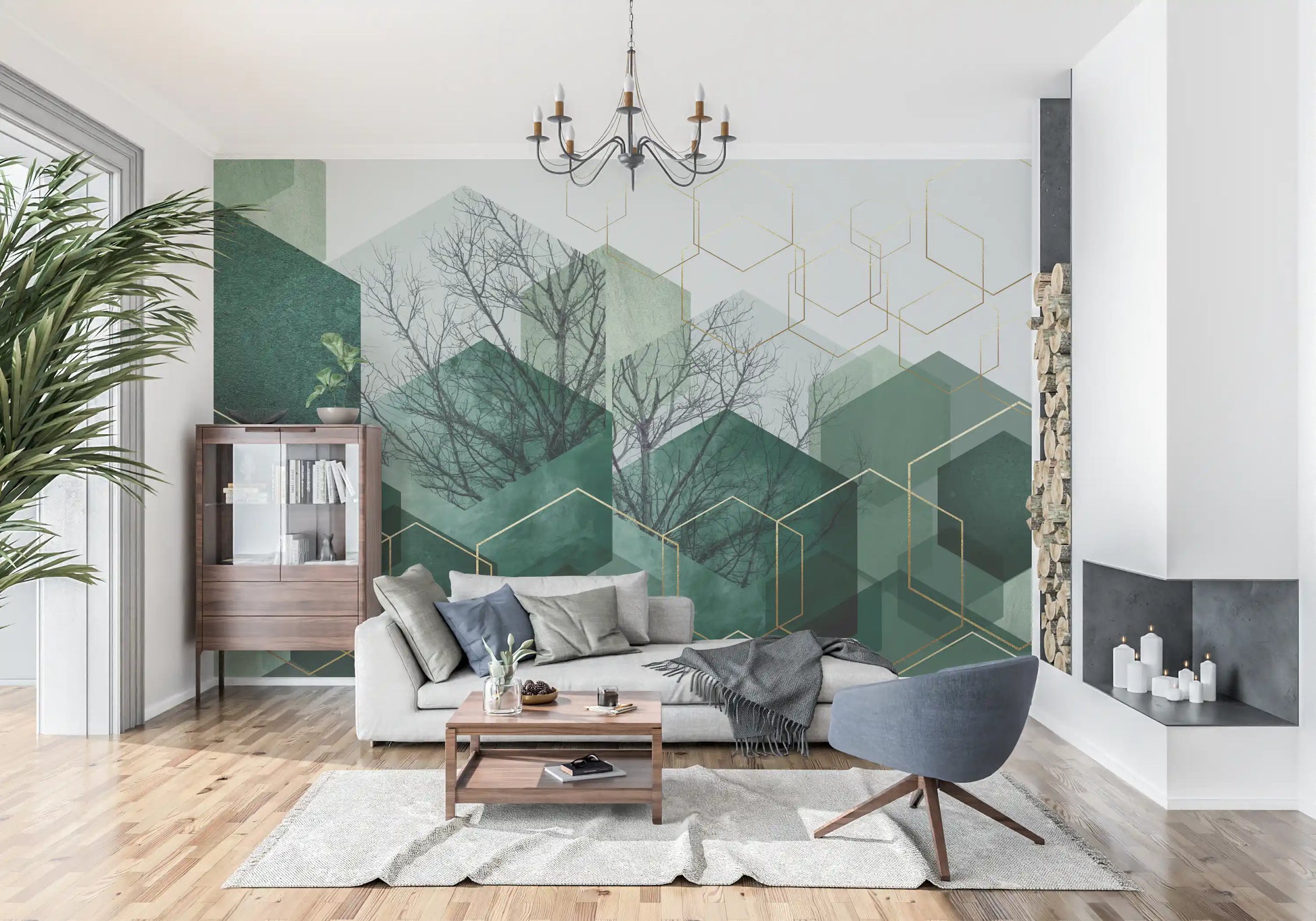 Verdant Hexascape Wall Mural with dark green hexagons and bare tree branches., GD10283