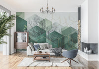 Verdant Hexascape Wall Mural with dark green hexagons and bare tree branches., GD10283