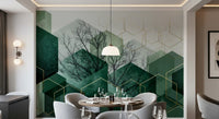 Dining room wall mural with detailed tree branches and geometric gold outlines., GD10283