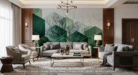 Wall mural with layered green shapes and bare tree branches in living room., GD10283