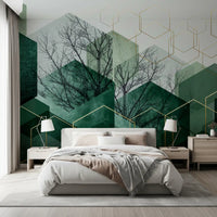Minimalist wall mural design with intersecting gold lines and green layers., GD10283