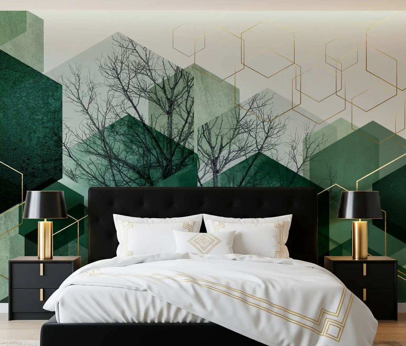 Bedroom wall mural with modern hexagonal patterns and forest tree motifs.