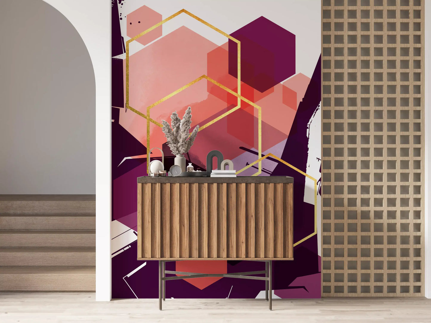 Abstract wall mural design with gold lines and deep purple geometric blocks., GD10284