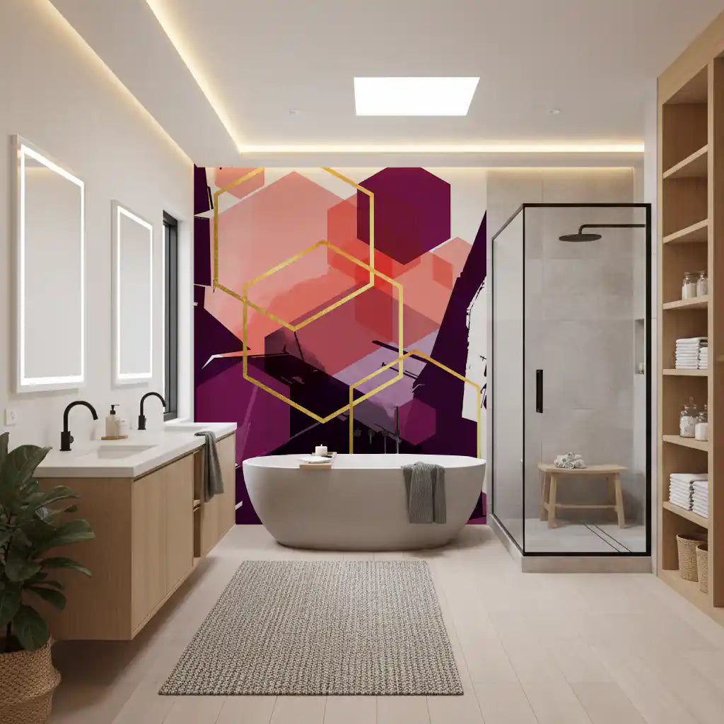 Bathroom wall mural showcasing overlapping geometric shapes in dark tones., GD10284