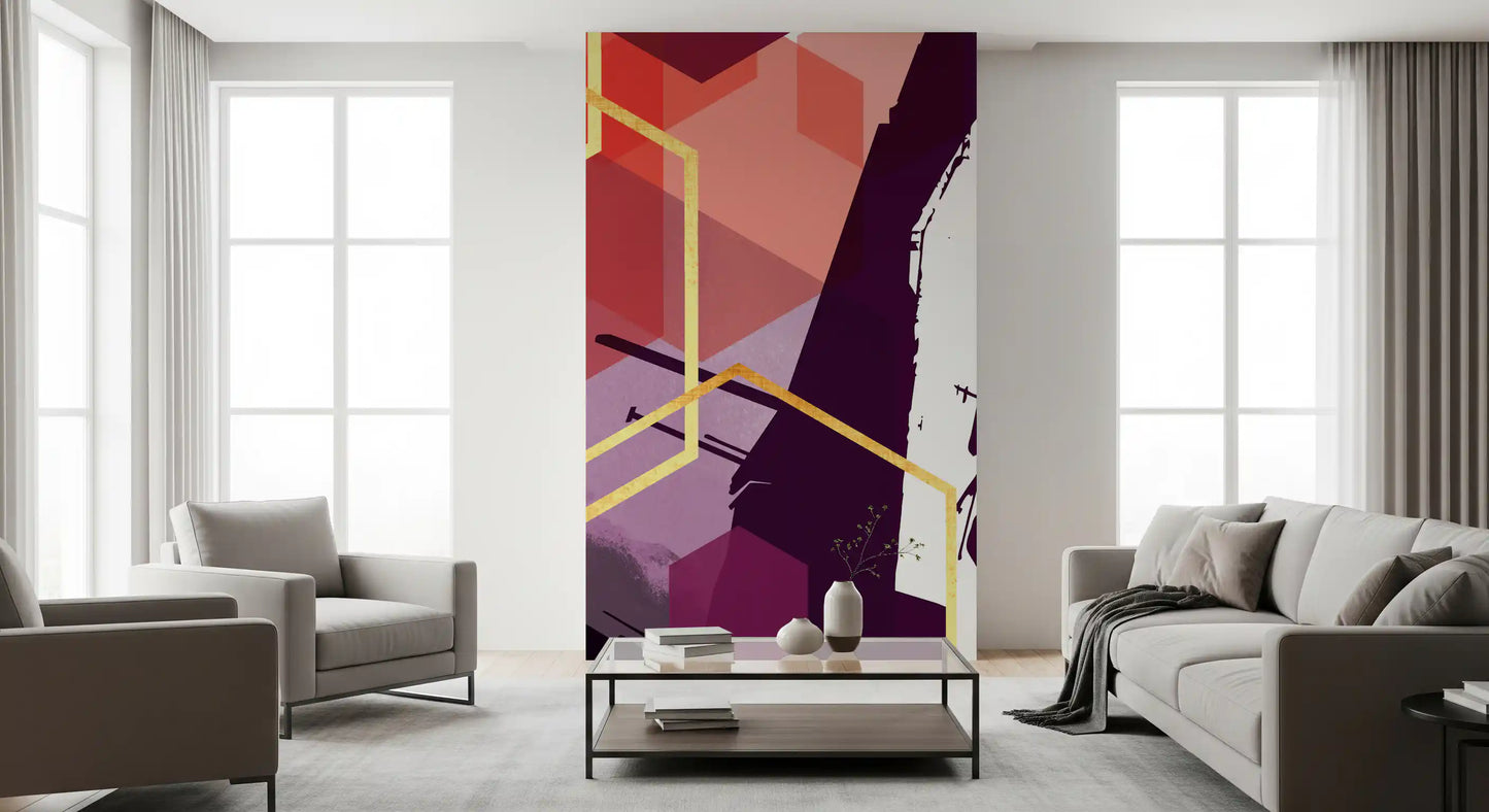 Living area wall mural featuring a bold flow of magenta and purple polygons., GD10284