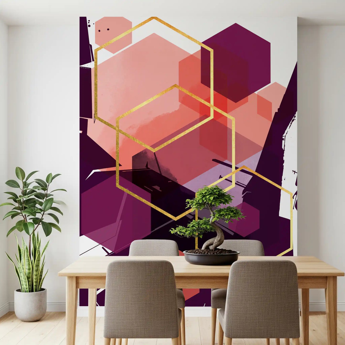 Dining room wall mural with vibrant hexagonal patterns and gold contours., GD10284