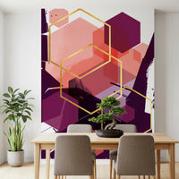 Dining room wall mural with vibrant hexagonal patterns and gold contours., GD10284