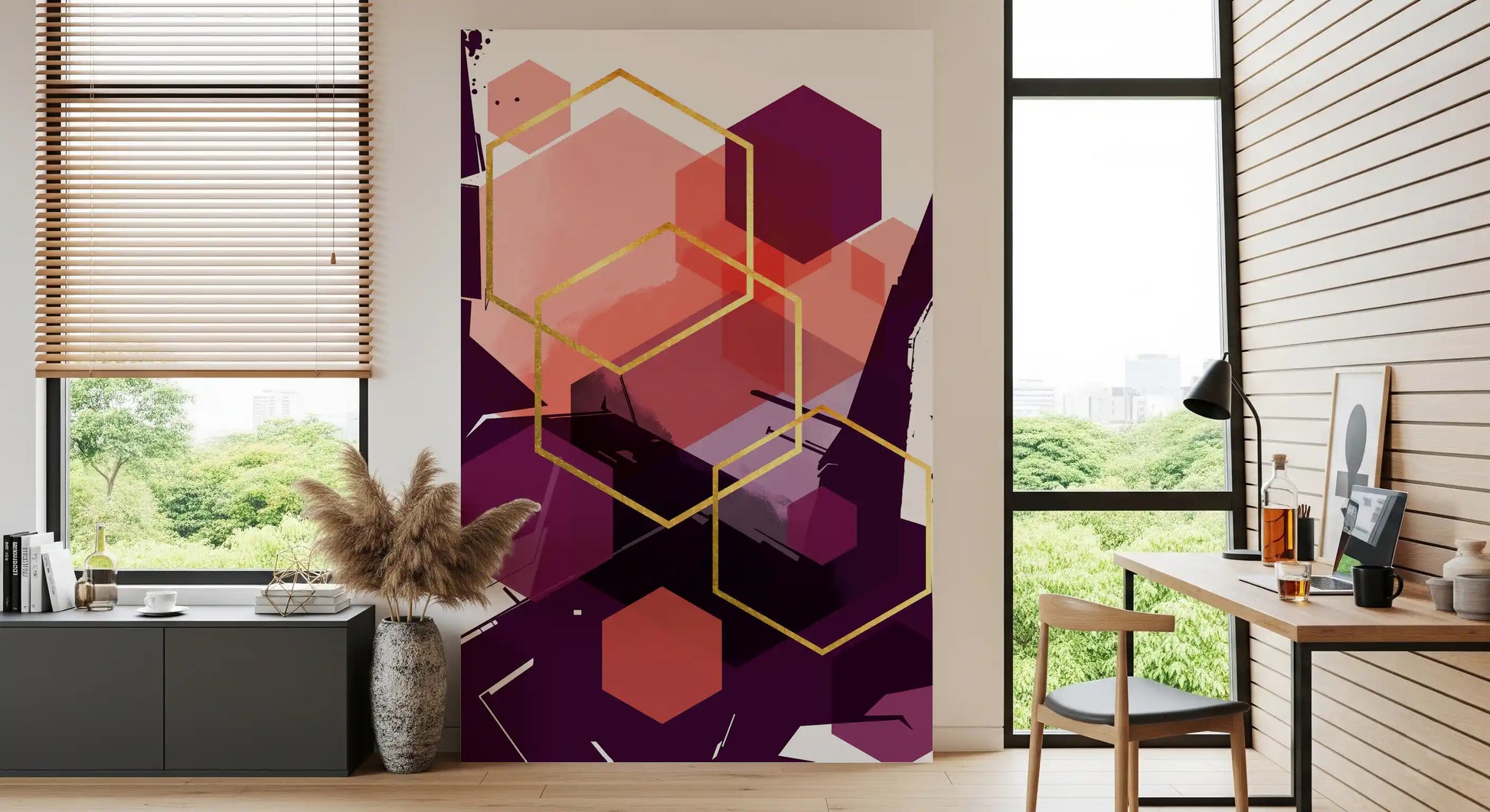 Bold Geometric Flow Wall Mural with a structured hexagonal arrangement in study room., GD10284