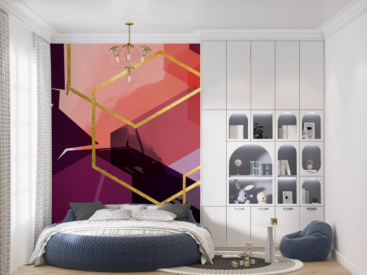 Artistic wall mural displaying a rhythmic flow of hexagonal wall mural shapes., GD10284