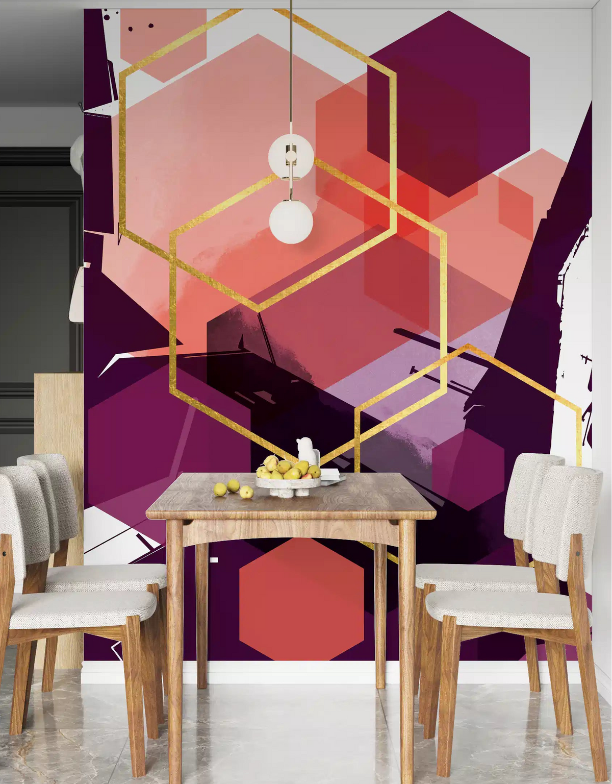 Minimalist wall mural featuring defined shapes and a bold colour in dining area., GD10284