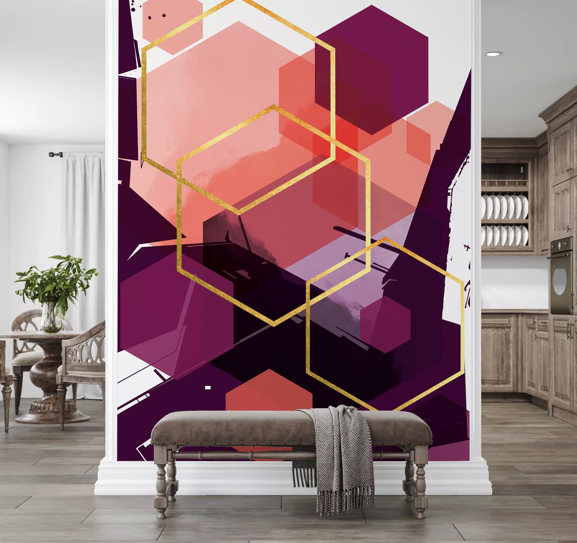 Feature wall mural with gold geometric lines on a dark purple background., GD10284
