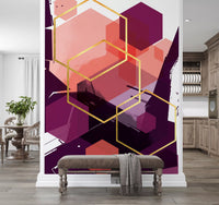 Feature wall mural with gold geometric lines on a dark purple background., GD10284