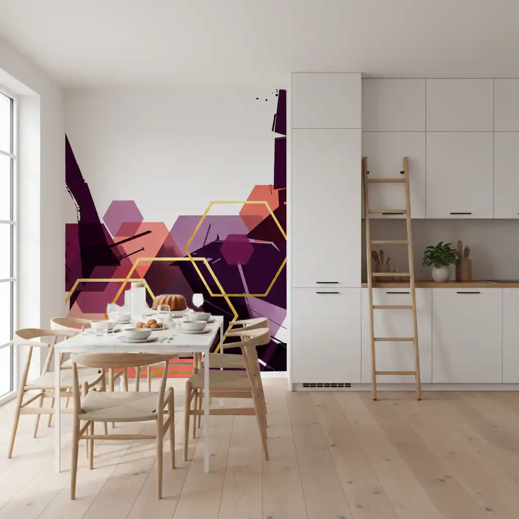 Gold geometric wall mural suitable for a modern dining room interior., GD10285