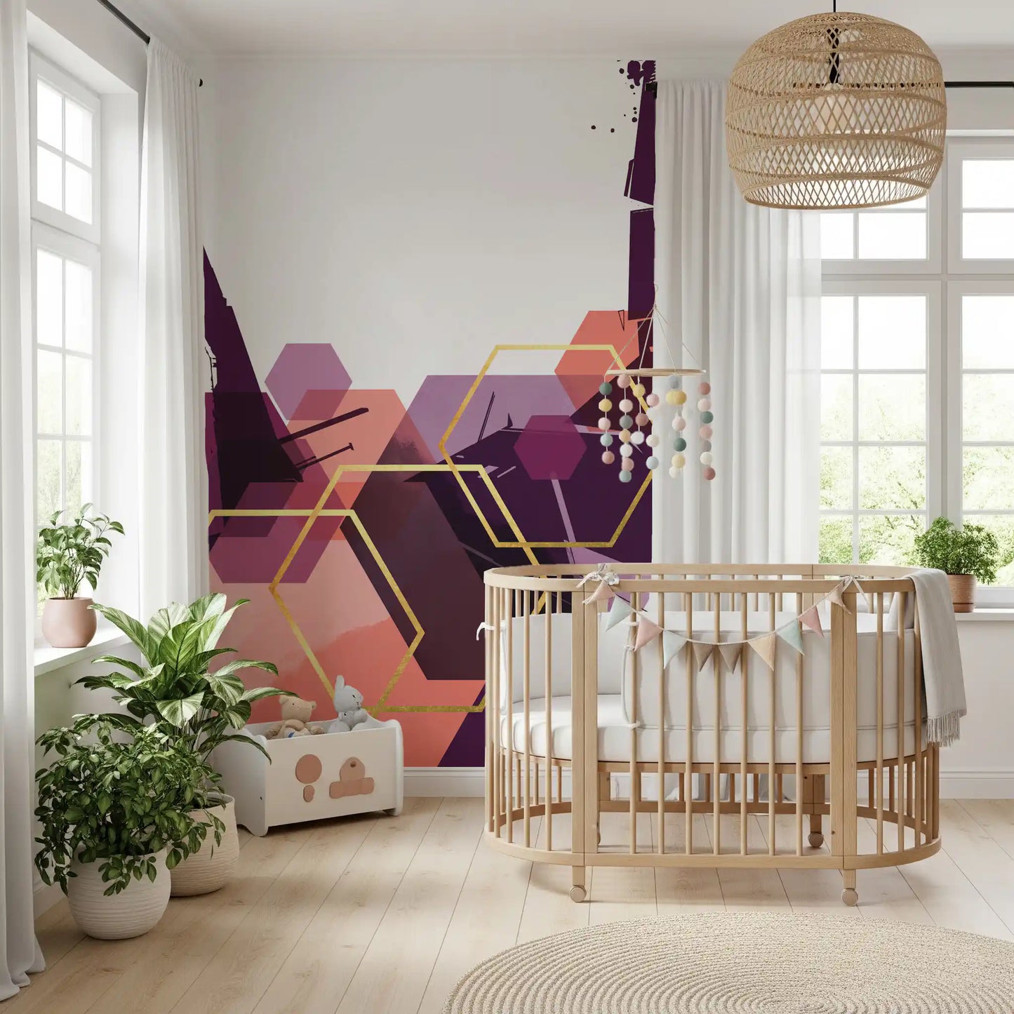 Decorative wall mural showing overlapping hexagons in shades of pink., GD10285