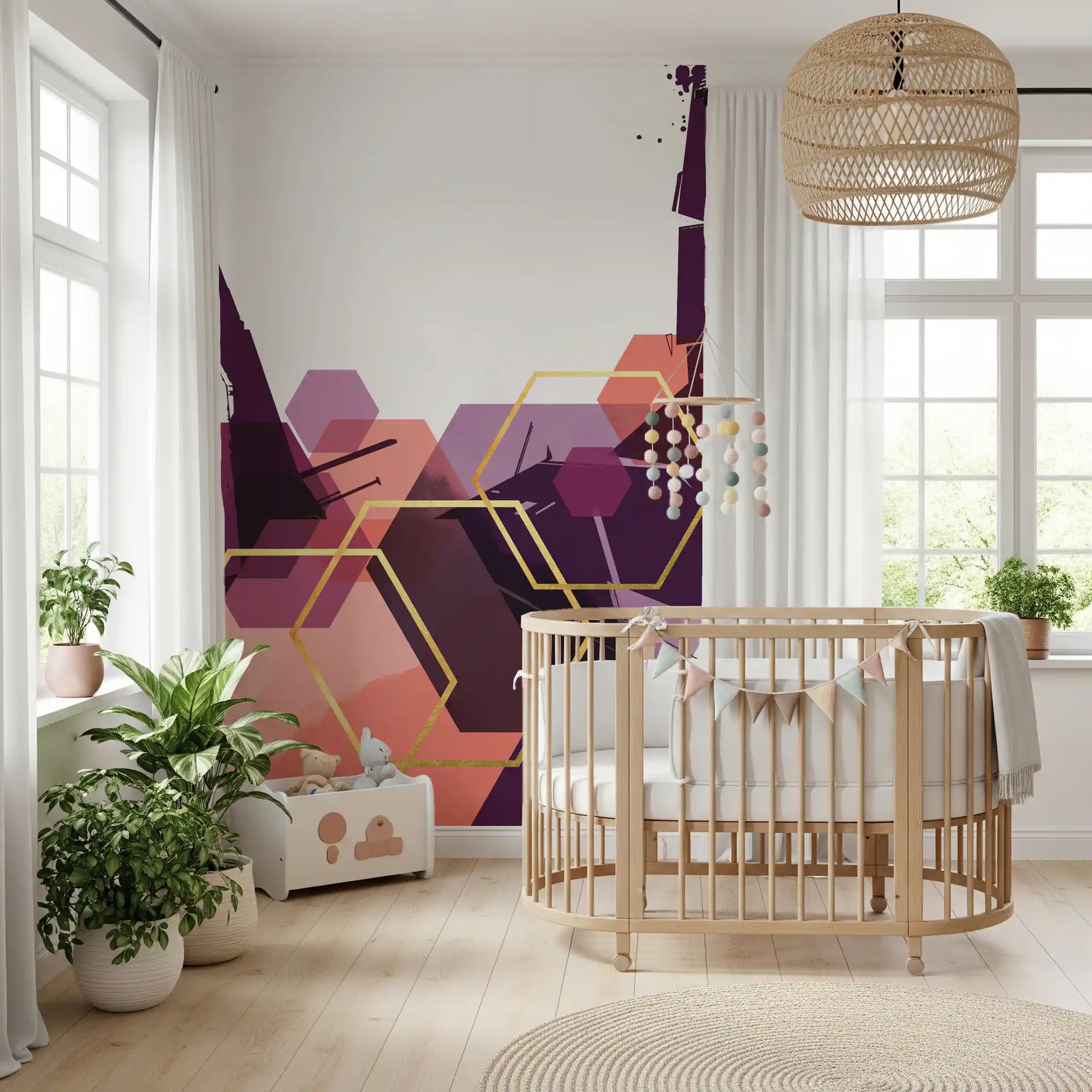 Decorative wall mural showing overlapping hexagons in shades of pink., GD10285