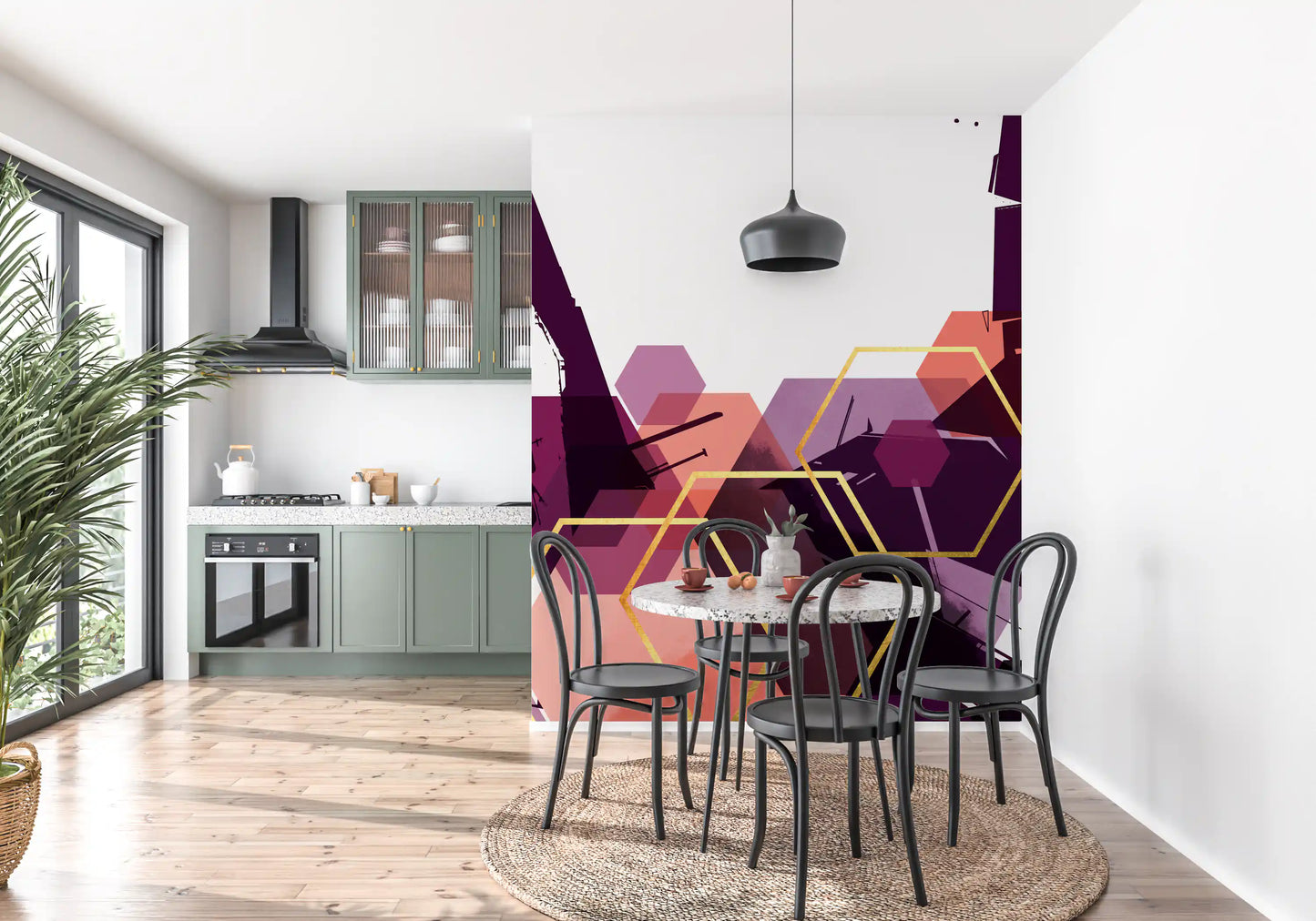 Abstract wall mural with purple, pink, and gold geometric patterns., GD10285