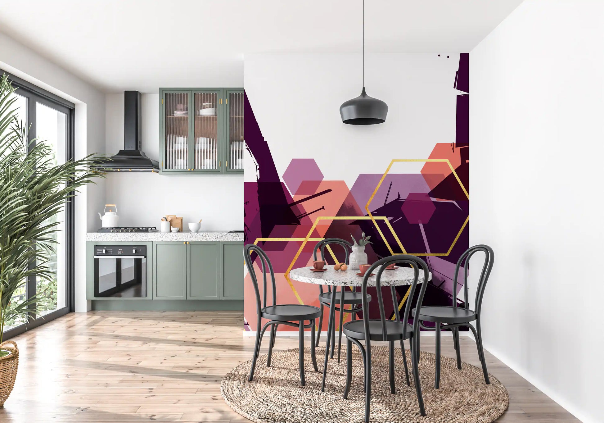 Abstract wall mural with purple, pink, and gold geometric patterns., GD10285