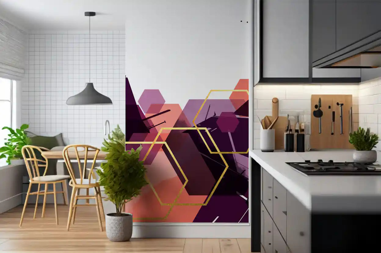 Abstract wall mural with a white background and deep purple ink splashes., GD10285