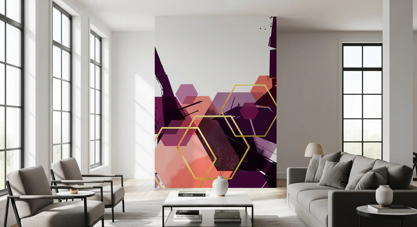Pink and purple wall mural with sharp hexagonal motifs in living area., GD10285
