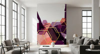 Pink and purple wall mural with sharp hexagonal motifs in living area., GD10285
