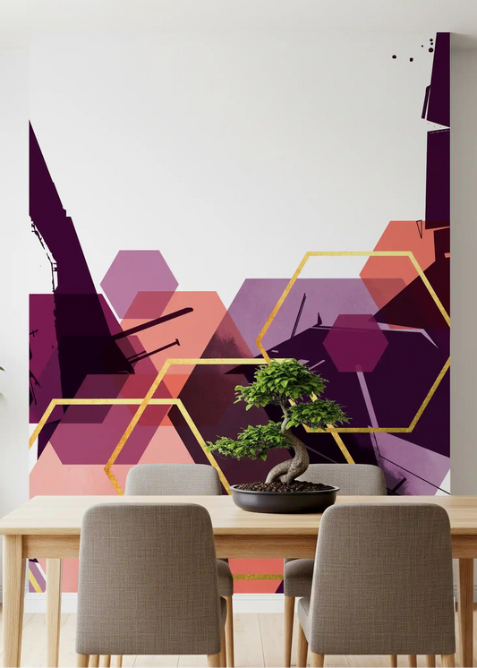 Bold Geometric Flow wall mural featuring hexagon shapes and gold lines in dining room.