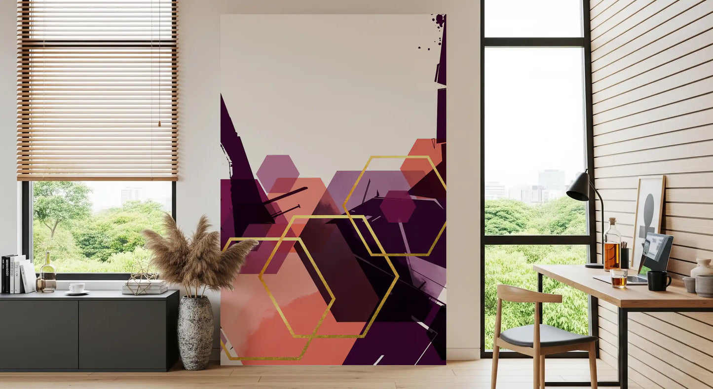Geometric wall mural featuring layered polygons and metallic gold outlines., GD10285