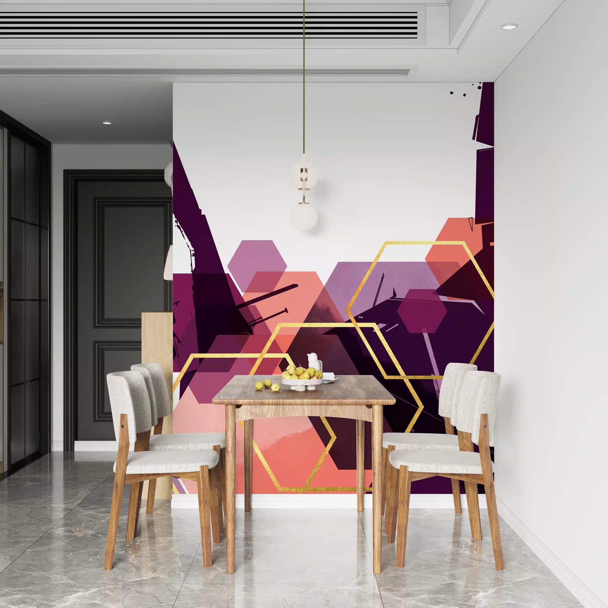 Artistic wall mural with gold lines and violet shapes in dining area., GD10285