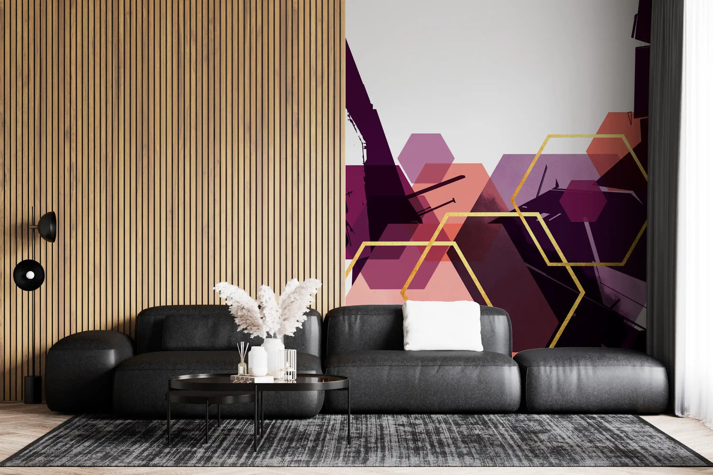 Modern wall mural with bold shapes and gold accents for living room., GD10285