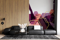 Modern wall mural with bold shapes and gold accents for living room., GD10285
