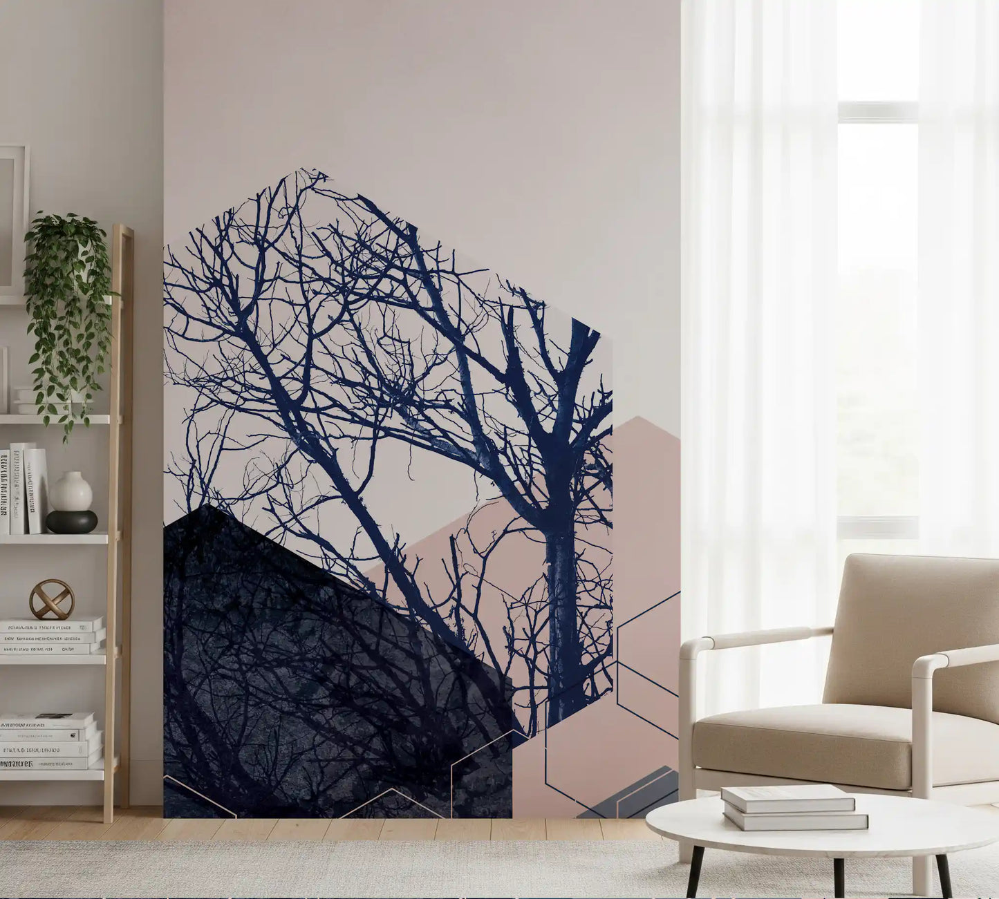 Abstract wall mural featuring navy blue tree branches in hexagonal shapes., GD10286