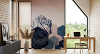 Study room wall mural with blush pink background and dark blue geometric lines., GD10286