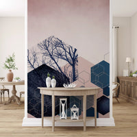 Geometric Grove Midnight & Blush Wall Mural with a matte pink color base., GD10286