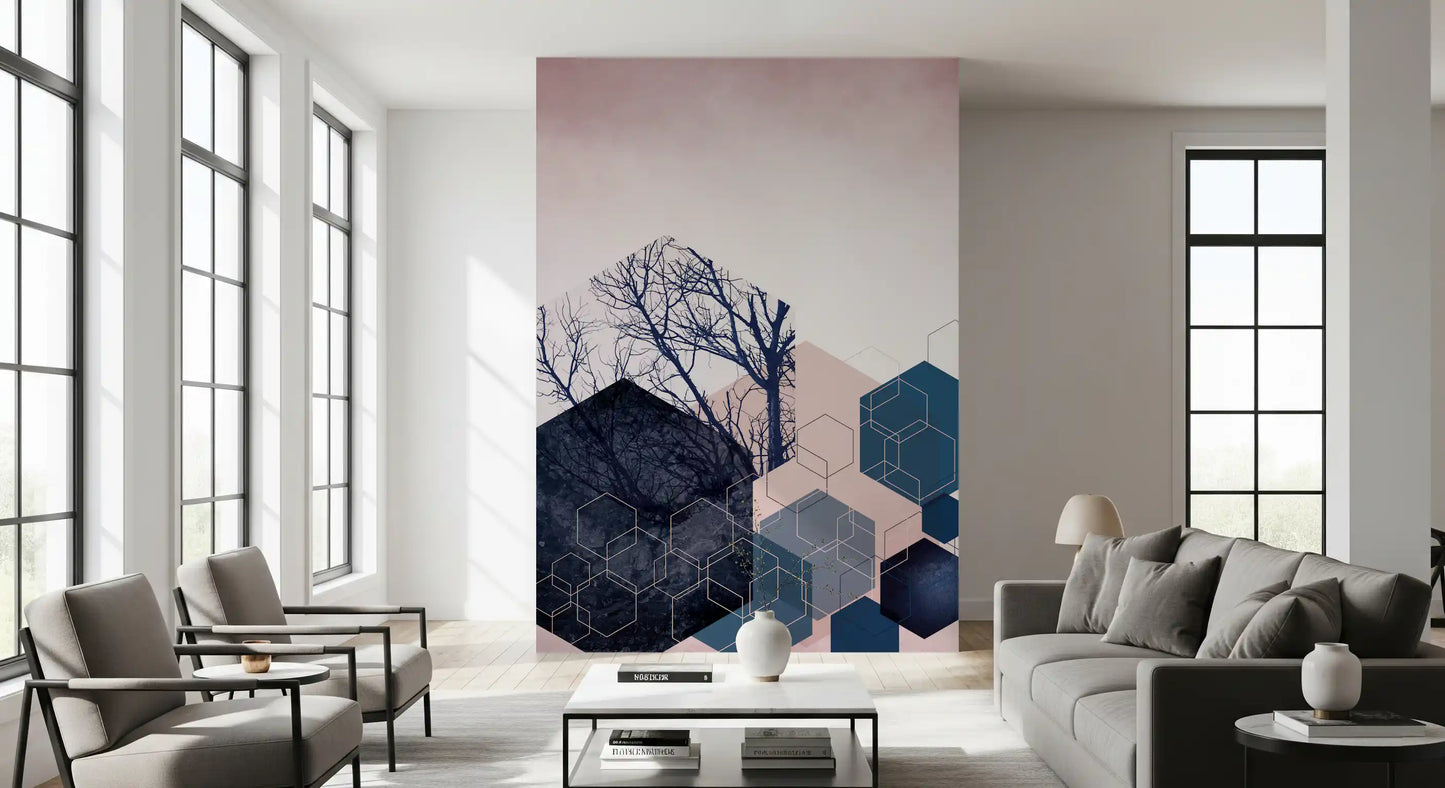 Feature wall mural with repeating hexagon patterns in midnight blue tones., GD10286
