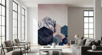 Feature wall mural with repeating hexagon patterns in midnight blue tones., GD10286