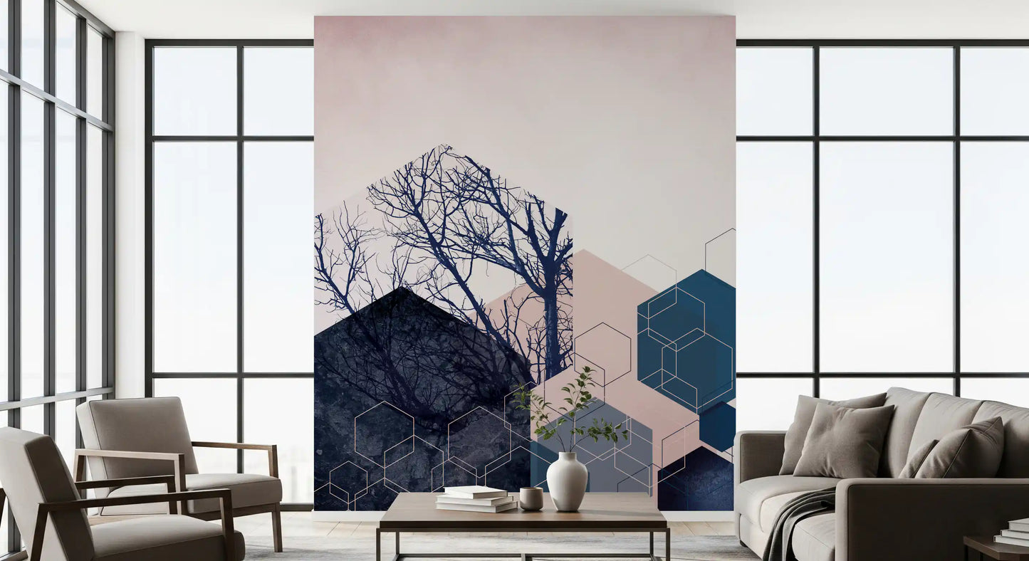 Living room wall mural with soft blush tones and contrasting navy shapes., GD10286