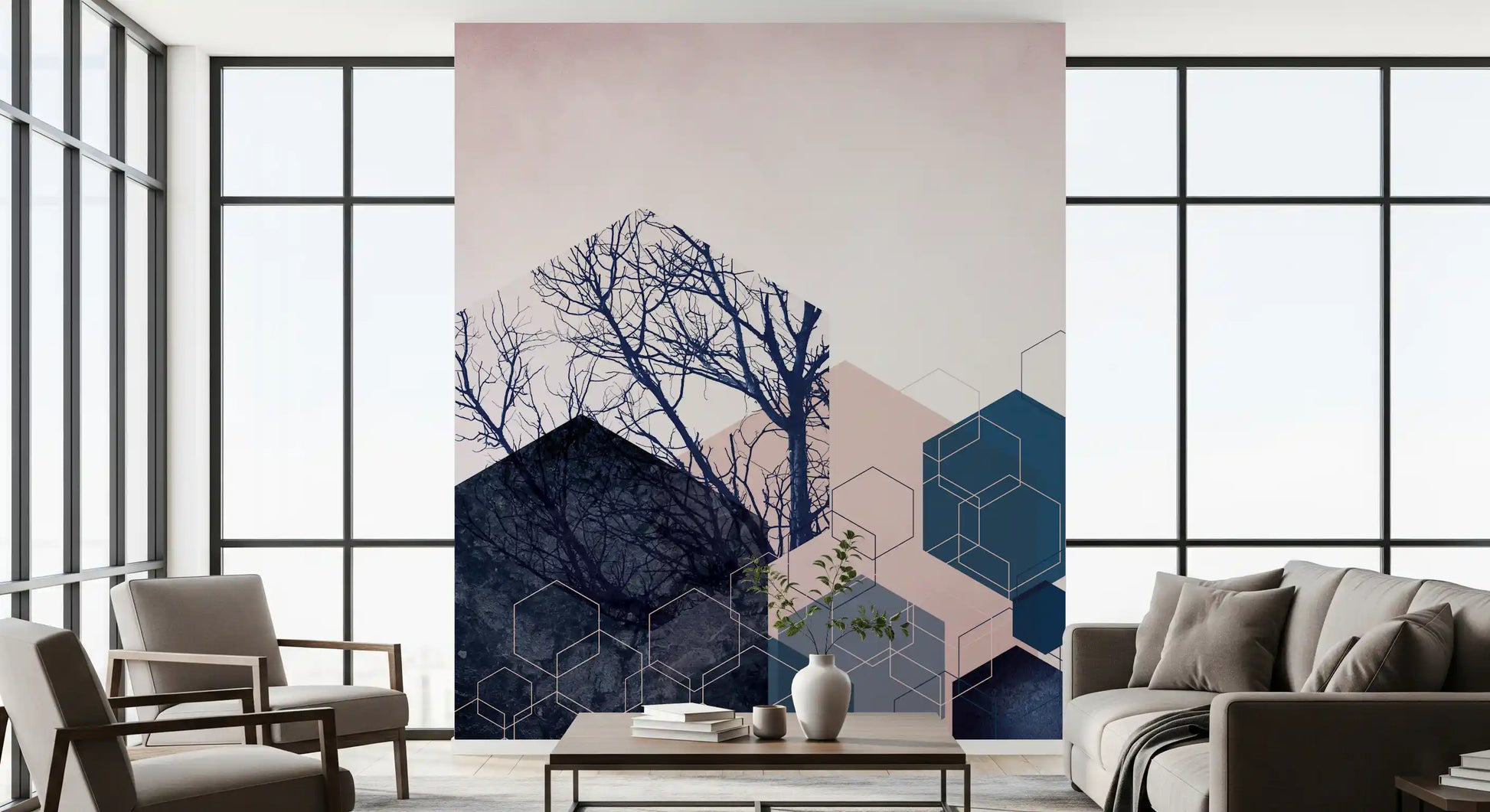 Living room wall mural with soft blush tones and contrasting navy shapes., GD10286
