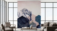 Living room wall mural with soft blush tones and contrasting navy shapes., GD10286